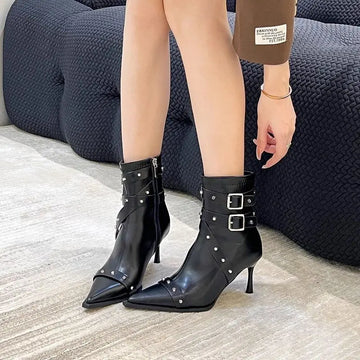Xajzpa White Mid-Calf Boots Women's Rubber Shoes Rain Rivets Winter Footwear Zipper Boots-Women Crossdresser Low Rock Riding 2025 Mid C